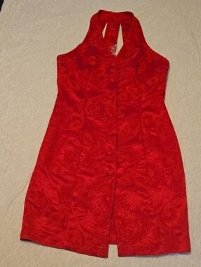Red Jacquard Halter Button-Front Dress